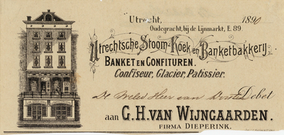 711591 Kop van een nota (afgeknipt) van G.H. van Wijngaarden, Firma Dieperink, Utrechtsche Stoom-Koek en ...